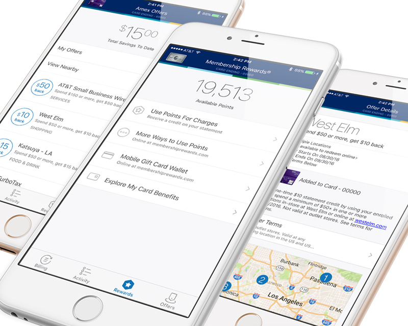 American Express iOS rewards, points, and offers screens
